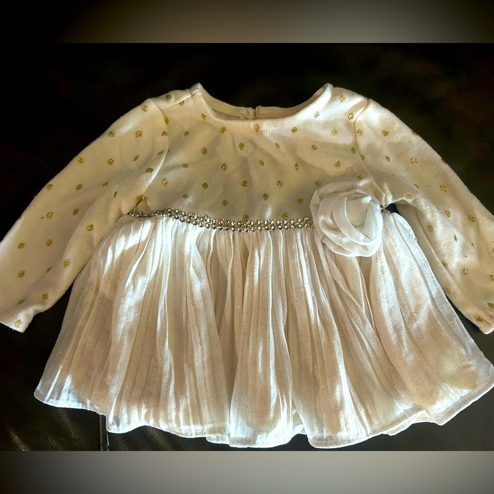 Young land baby cream & gold polka dot dress or tunic.6/9 months. Chiffon skirt.